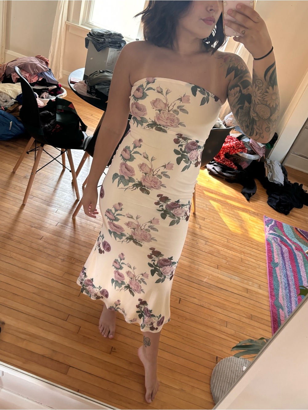 Strapless Cream Floral Midi Dress with Swoop Back